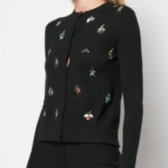 EUC Carolina Herrera Cashmere-silk Jeweled Bug Embroidered Cardigan In Black